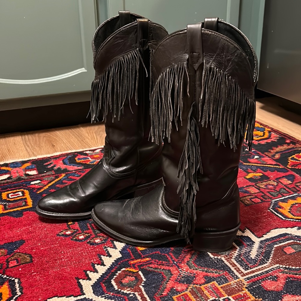 Vintage black leather fringe cowboy boots